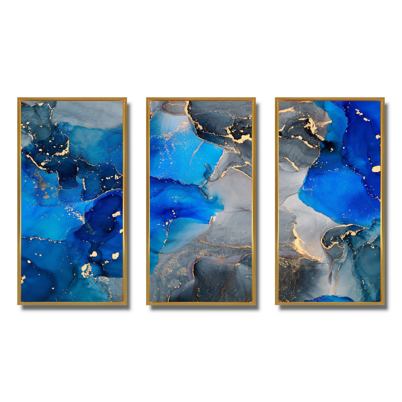 Peinture abstraite de luxe - peinture sur toile 3 pièces, Doré, H 32 po x l 48 po