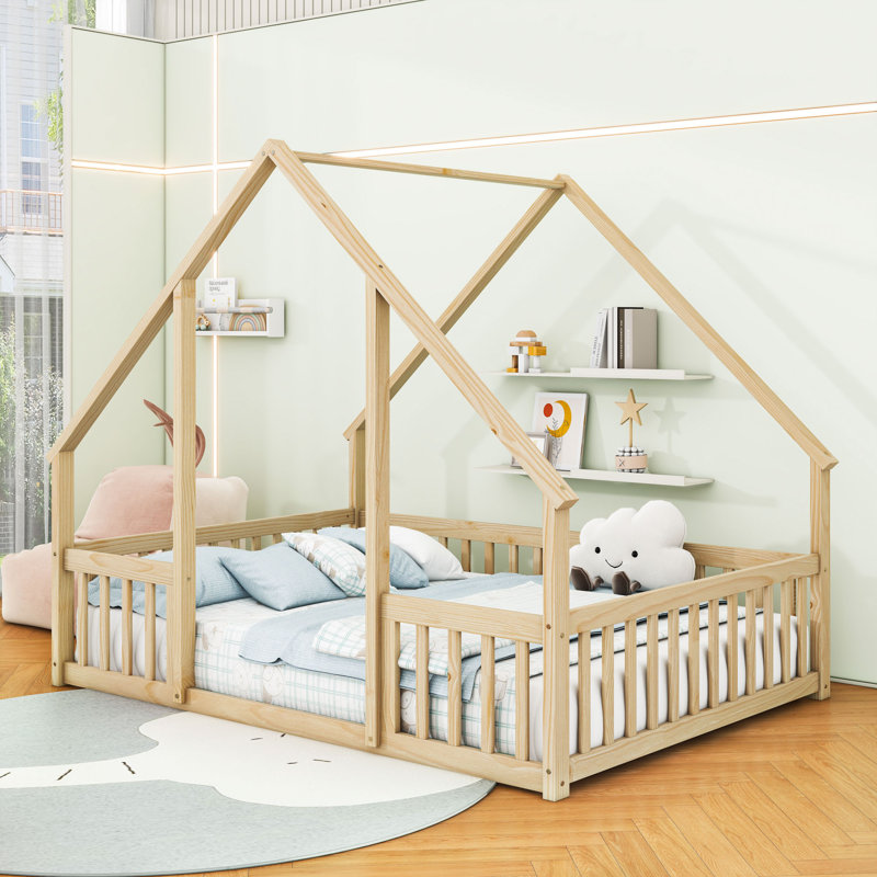 Lit de plancher en bois en forme de maison avec construction et garde-corps, Naturel, Double