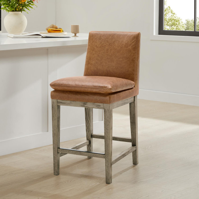 Tabouret de comptoir rembourré en cuir véritable Bethea, Cuir véritable brun de Marseille