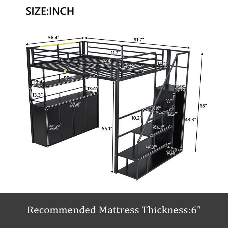 Lit mezzanine double en métal avec escalier de rangement et garde-robe, tablettes et casiers, Noir
