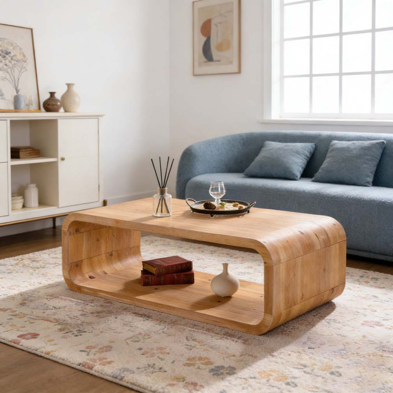 Modern Open-Frame Elegant Curved Light Wood Coffee Table, Natural