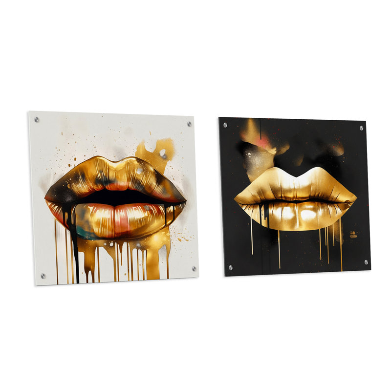 Lèvres dorées de luxe I - Ensemble de 2 art mural en verre acrylique, H 16 po x l 33 po