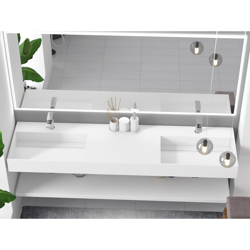 Juniper 72" Wall Mounted Solid Surface Floating Bathroom Sink with Concealed Drain - White, White, Double