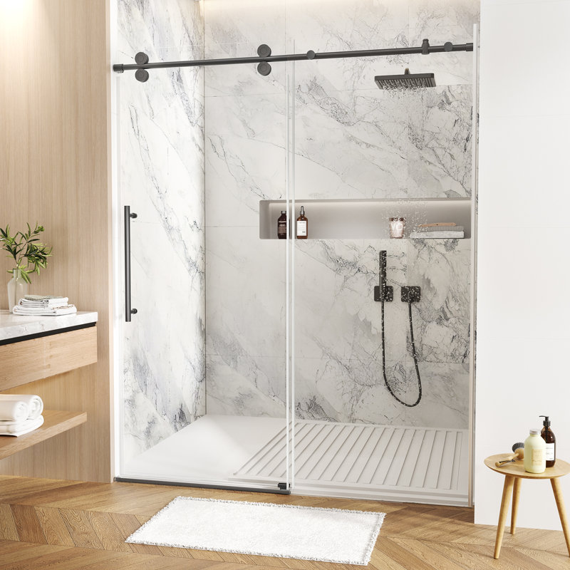 56-60 In. W X 74 In. H Single Sliding Frameless Anti-Collision System Shower Door With 1/4 In. Clear Glass, Matte Black