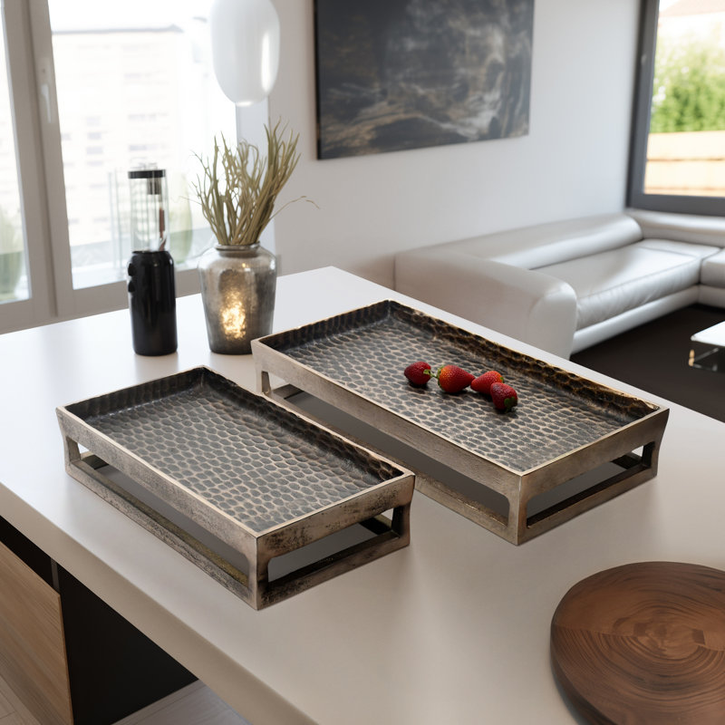 Modern Set of 2 Metal Relica Hammered Trays - 18" x 9" x 3"