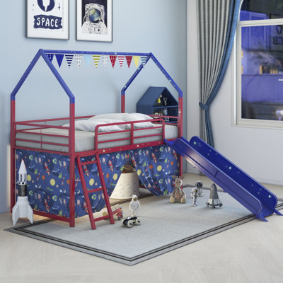 Lit mezzanine simple avec glissade et rideau, couleur super bleu rouge, offrant un espace de bricolage amusant - rideau de maison Jack Junior