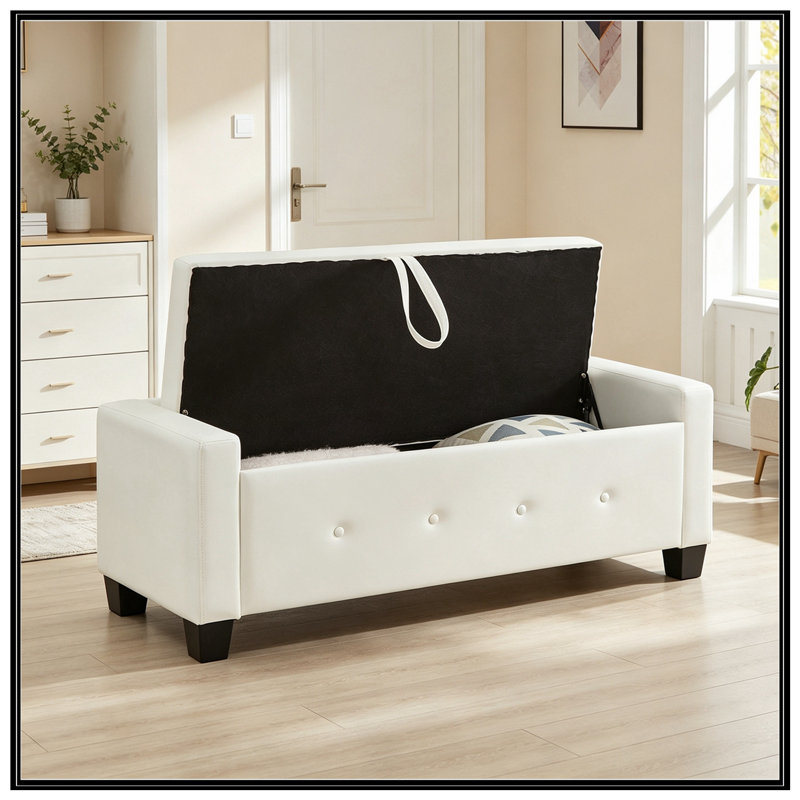 Banc rembourré capitonné avec rangement, Ivoire blanc