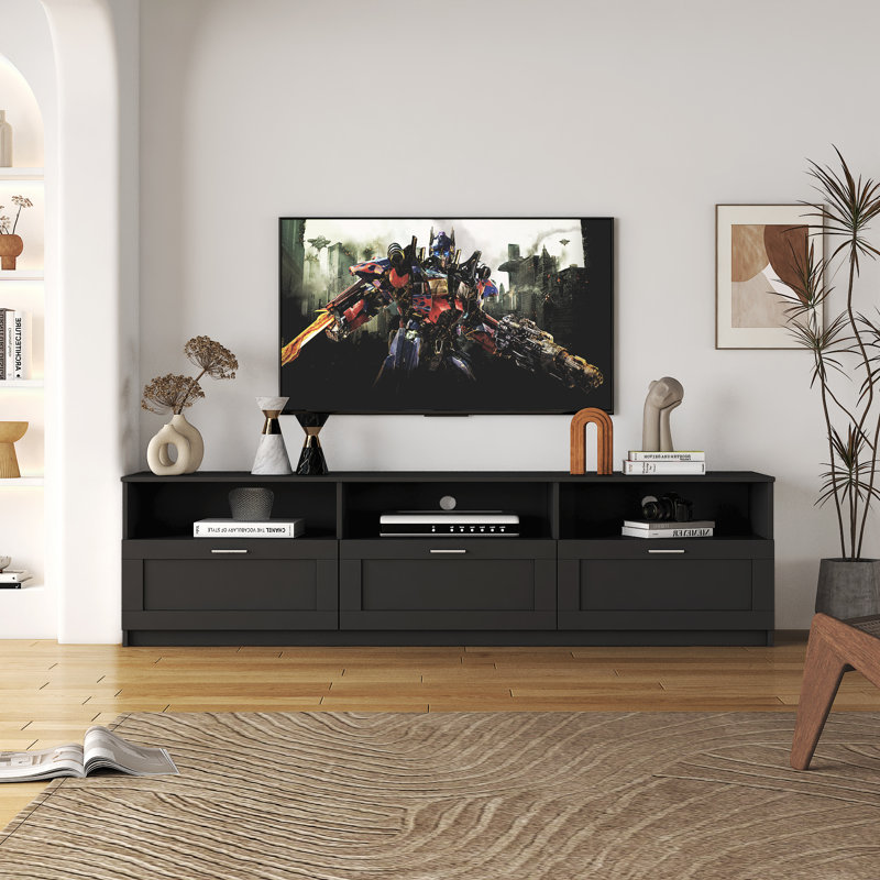 Meuble télé avec 3 tablettes ouvertes et 3 tiroirs Hovik, Noir