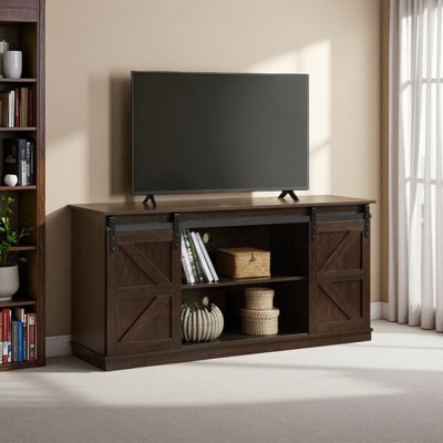 Meuble télé de 58 pouces de style campagnard, convenant aux téléviseurs de 65 pouces, centre de divertissement avec portes de grange coulissantes et tablettes réglables, console avec espace de rangement