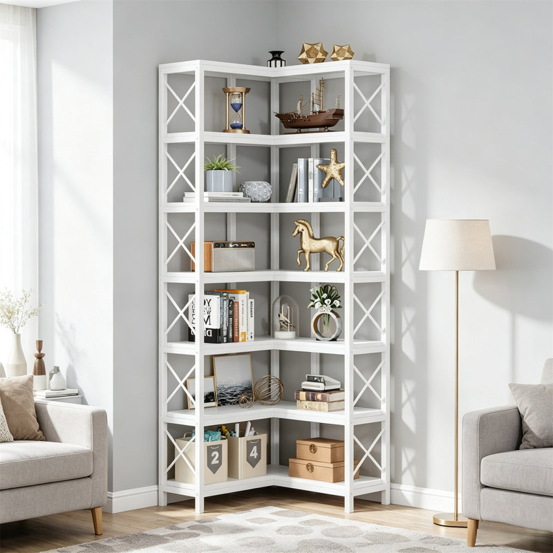 Bibliothèque de coin de 7 étages | Étagère à échelle industrielle moderne, présentoir à structure métallique pour bureau à domicile