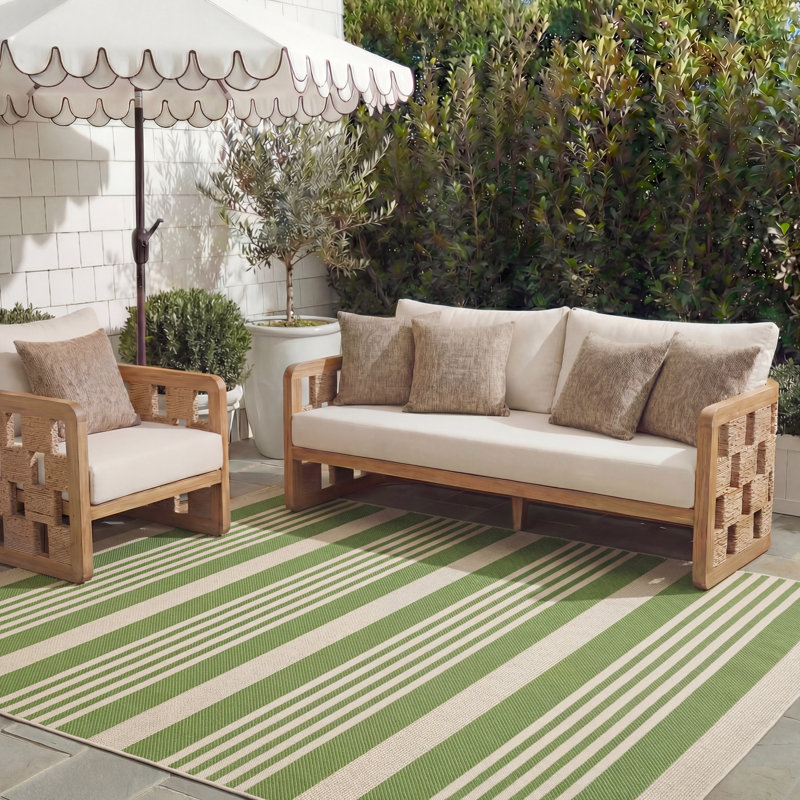 Arneshia Striped Machine Made Power Loom Acrylic Indoor / Outdoor Area Indoor/Outdoor Area Rug in Green/Beige