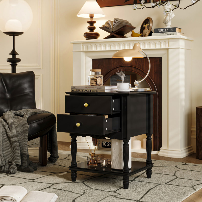 2-Drawer Nightstand With Open Shelf, Carved Floral Detail, And Turned Legs, Black