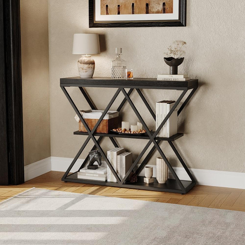 Industrial 3-Tier Entryway Table with X-Shaped Metal Frame & Shelves for Living Room & Hallway, Black
