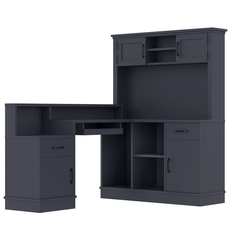 Bureau en coin en L avec station de charge, Bleu