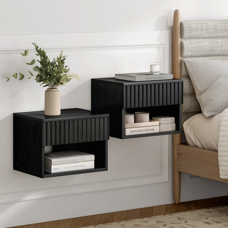 Drawer Wall-Mounted Nightstand With Open Cubby, Set of 2, Black