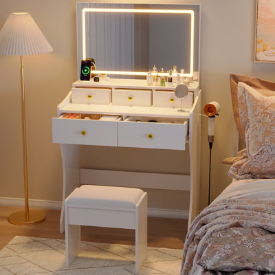 30" Makeup Vanity Desk with HD Mirror, 3-Color LED Lights, 5 Drawers, Hair Dryer Holder & Cushioned Chair, Bedroom Vanity Table with Built-In Power Outlet