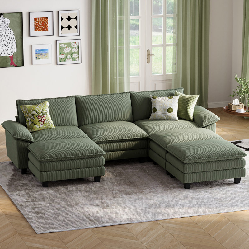 Canapé modulaire rembourré en U de 123 po avec 3 repose-pieds Colbey, Velours côtelé vert