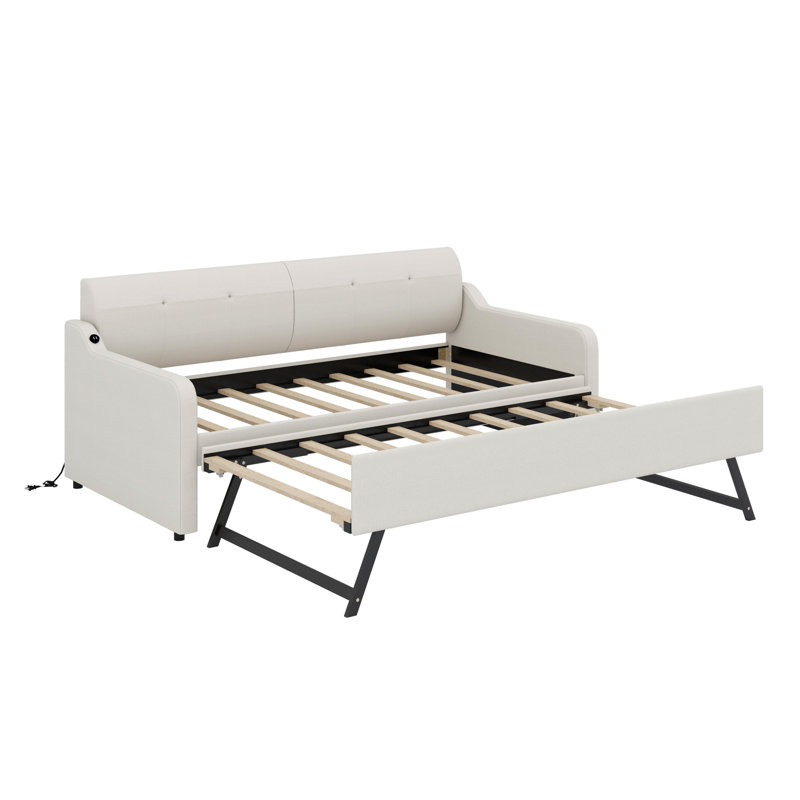 Lit de jour rembourré avec lit gigogne et conception de chargement USB, le lit gigogne peut être plat ou érigé, Beige
