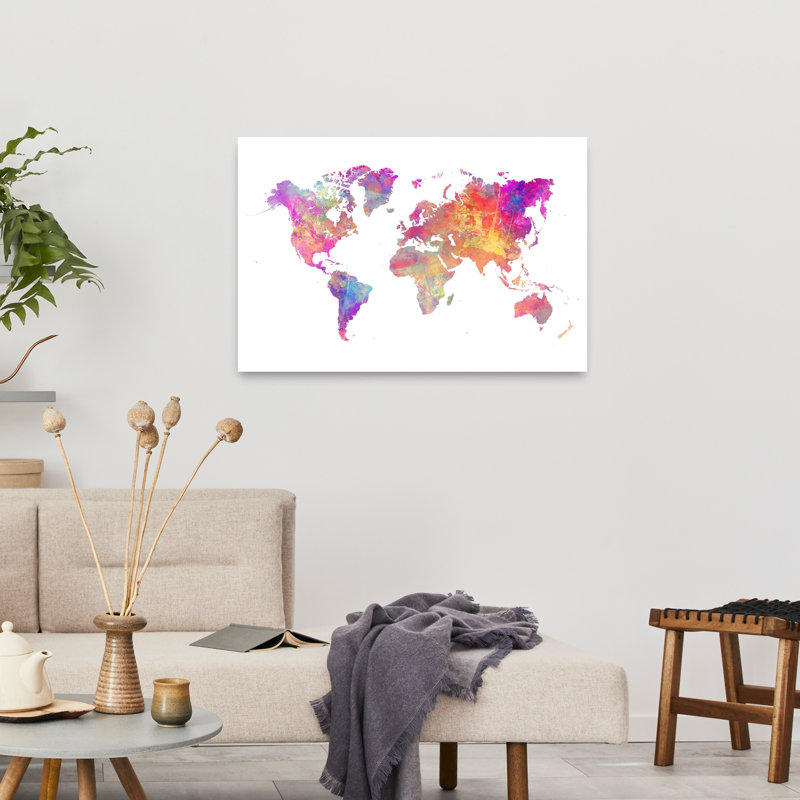 Art mural contemporain coloré carte du monde aquarelle, 24" H x 36" W