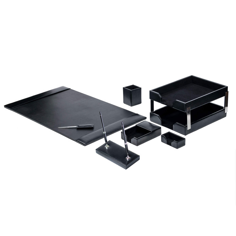 Ensemble de rangement de bureau en cuir retravaillé bleu marine 9 pièces, Noir