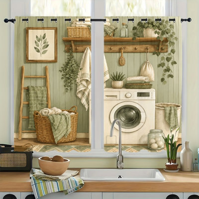 2PCS Grommet Top Blackout Window Curtains, Fresh Botanical Plant Laundry Room Decor Polyester Drapes, Thermal Insulated, Noise Reducing, Privacy Protection, Room Darkening Window Treatments for Bedroom Living Kitchen Indoor Home Decor