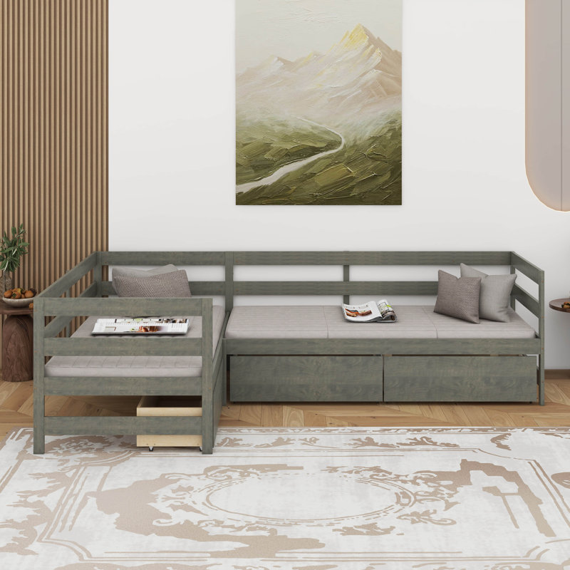 Lit plateforme simple en L avec tiroirs, Gris