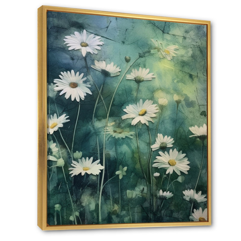 Fusion de marguerites blanches et vertes II sur toile, Cadre flottant doré, H 40 po x l 30 po x P 1,5 po