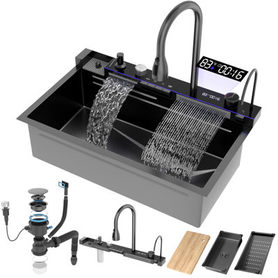 33 X 22 Inch Large Stainless Steel Kitchen Sink – 304 Grade, Nano Coating, Waterfall Edge, Modern Embossed Design, Pressurized Cup Washer (Black)