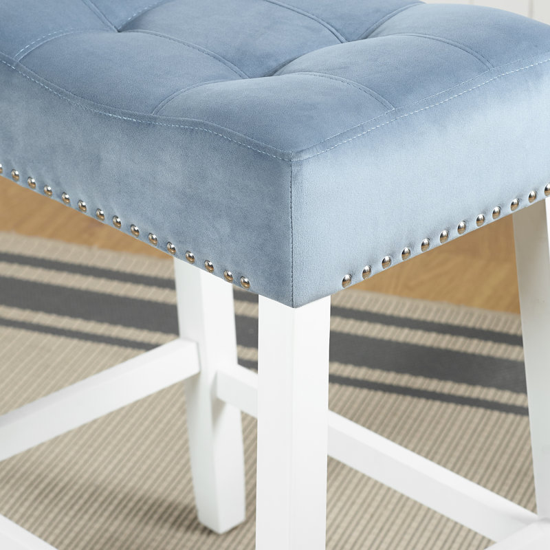 Tabourets de comptoir 2, siège de selle en velours, bleu, 2 tabourets décoratifs blanchis, sièges bleus, attrait blanc délavé