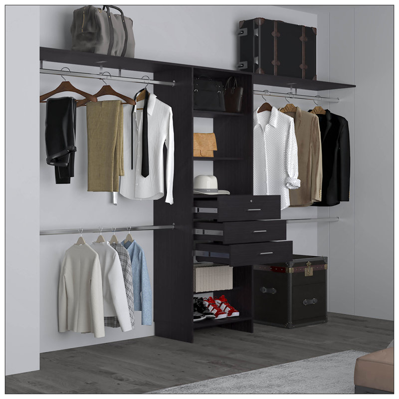Closet System, 3 Drawers, 5 Shelves, Black