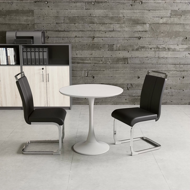 Table de salle à manger 31,5 "circulaire blanche, table de salle à manger, table de salle à manger pour 2 à 4 personnes, plateau et base en panneau de fibres à densité moyenne et 2 chaises de salle à manger en métal plaqué de polyuréthane 
