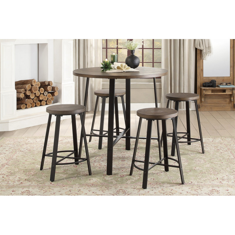 Ensemble de table ronde rustique de style industriel 5 pièces à hauteur de comptoir et 4 tabourets gris