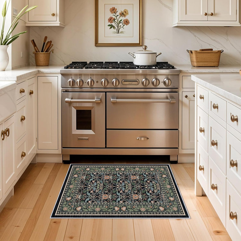 Floral Area Rug - Soft Oriental Vintage Farmhouse Style for Bathroom Entryway Kitchen - Non-Slip Backing Low Pile Stain Resistant Indoor Mat (Black)