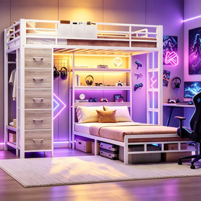 Bunk Bed Twin Over Twin with 3-Tier LED Shelves and Hall Tree Storage