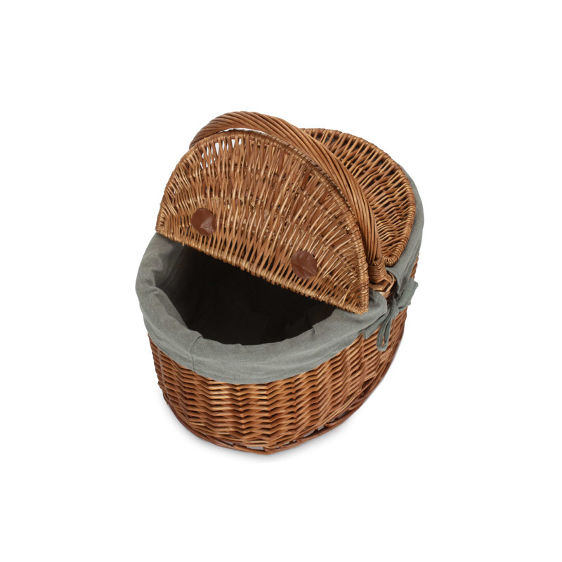 Wicker Empty Lidded Lined Oval Picnic Basket Hamper, Grey