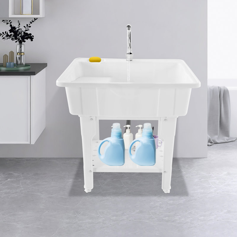 Freestanding Plastic Laundry Sink With Washboard And Faucet, White
