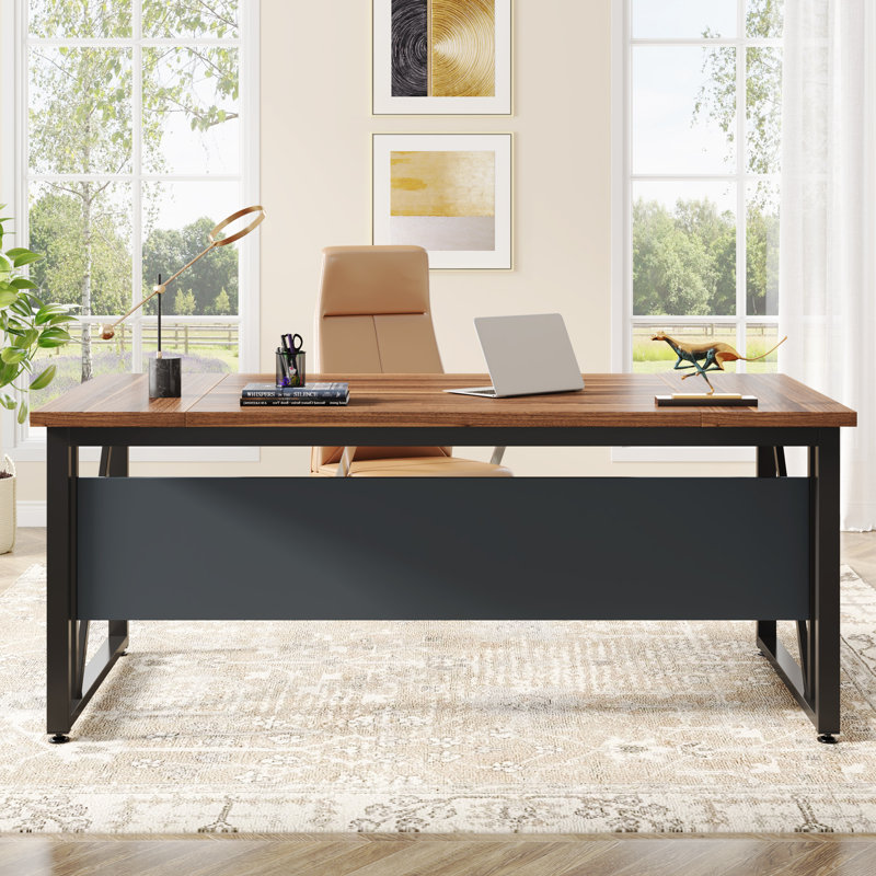 Quantavia Iron Computer Desk, Black, Dark Walnut