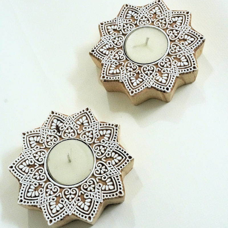  Wooden Candle Stand Handmade Rustic Block Holder with Deep Natural Stain Finish-(Pack Of 5), 5