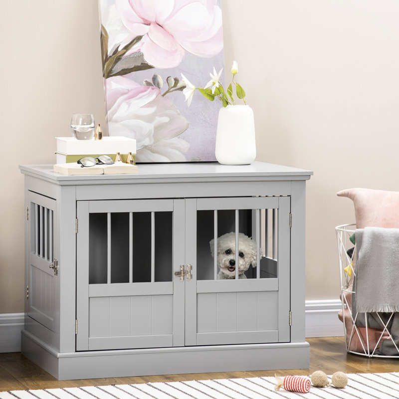Triple Doors Small Dog Crate, And Functional, Grey Kennel End Table, For Dogs,