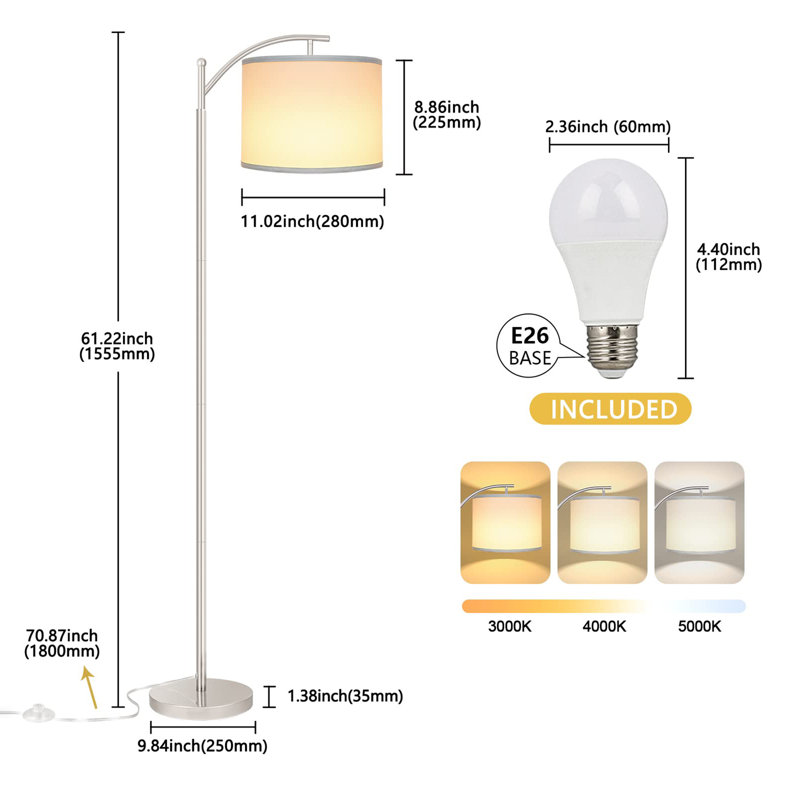 Lampe sur pied pour le salon avec ampoule DEL à 3 températures de couleur, Argent argent