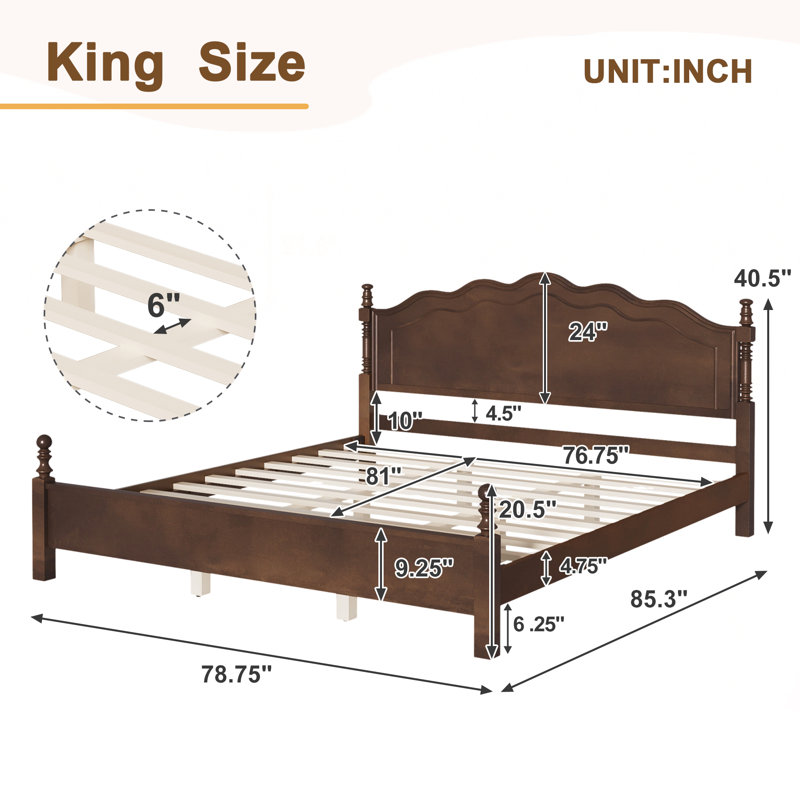 Lit plateforme en bois avec tête de lit et lattes, King, Espresso