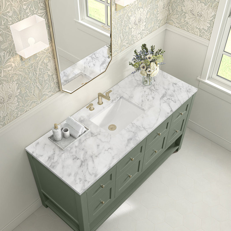 Breckenridge 60'' W Single Vanity, Smokey Celadon, Carrara White Marble, Widespread