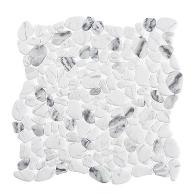 Diflart Pebble Recycled Glass Floor and Wall Mosaic Tile 12" x 12" in White Marble Veins