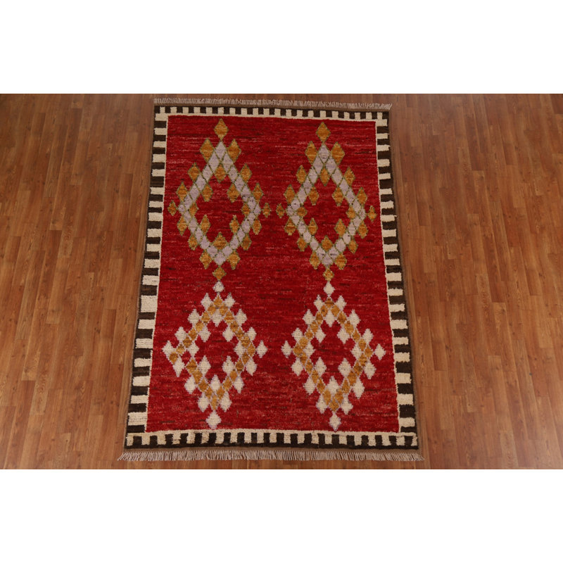 Tapis rouge en laine noué à la main de conception unique 5 pi 7 po x 8 pi 1 po New Age
