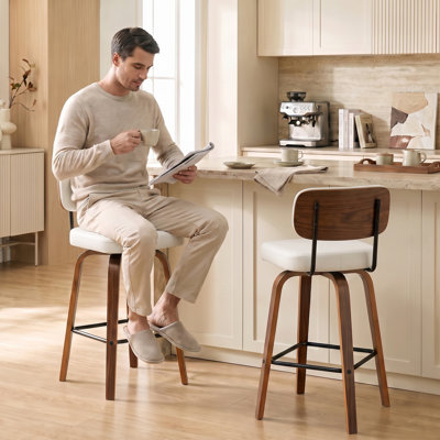 Tabouret de bar pivotant rembourré avec structure en bois courbé au fini noyer