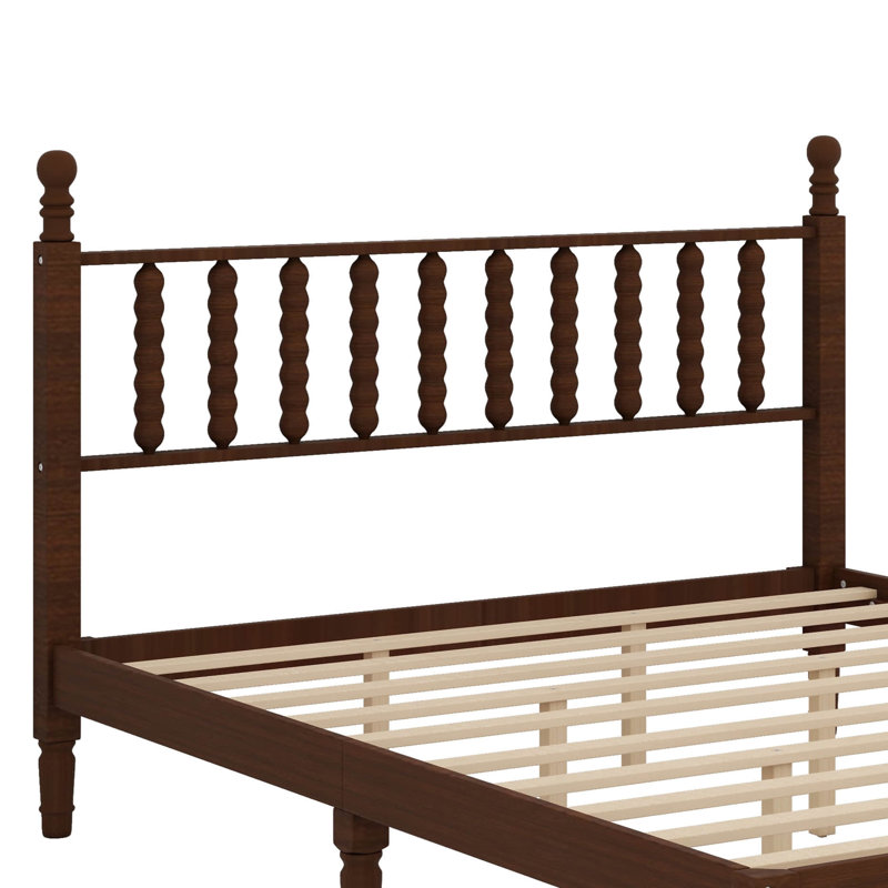 Élégant grand lit plateforme en bois avec une tête de lit unique en forme de gourde, Noyer