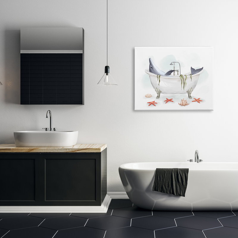 «Dolphin Lounging in Bath Tub Nautical Shells», art mural sur toile tendue XXL par Ziwei Li, Toile tendue, H 30 po x l 40 po