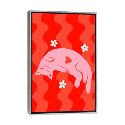 «Pink Sleepy Cat» sur fond ondulé - reproduction d'art murale - toile encadrée