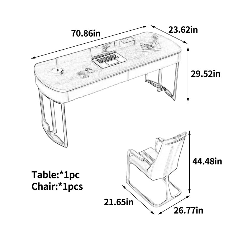 Minimalist and sophisticated desk, 29.52" H x 70.86" W x 23.62" D