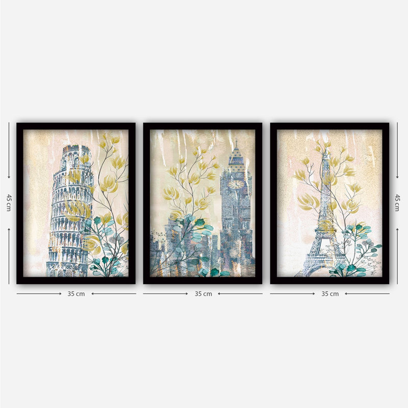 Ensemble de 3 peintures élégantes encadrées décoratives, 13,8 x 17,7 pouces chacune | 100% panneau de fibres à densité moyenne avec cadre en plastique durable, épaisseur: 0,8 pouce | Parfait pour la décoration intérieure, le salon et l'esthétique de bureau